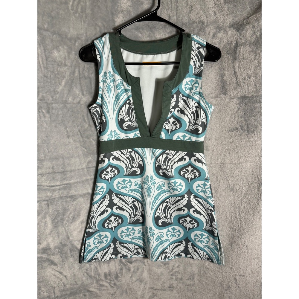 Lucy Sleeveless Damask Print‎ Tunic Top Teal Green V-Neck Activewear women's s